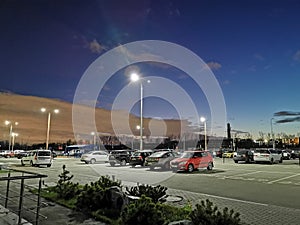 Night scape, cloudy sky, dawning, parking, Dolgoprudniy, Moscow, Russia