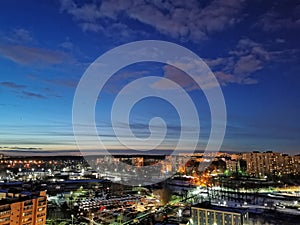 Night scape, dawning, blue skyline, Krasnogorsk, Moscow, Russia