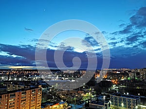 Night scape, dawning, dark blue clouds, Krasnogorsk, Moscow, Russia