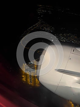 Night scene of Barcelona Airport (Spain) from the airplane window