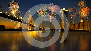 Night Scene Bhumibol Bridge with fireworks