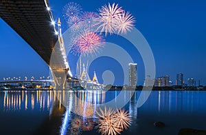 Night Scene Bhumibol Bridge with fireworks, Bangkok, Thailand