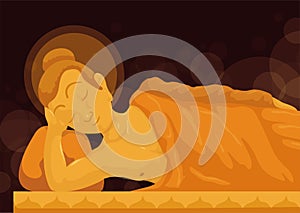 Night scene with bokeh effect and reclined Buddha, Vector illustration