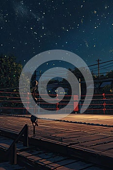 Night Scene of Boxing Ring Under Starry Sky. Generative AI.