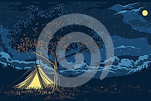 Night scene of camping in the forest. Illuminated tent next to a tree under a night of full moon and stars. Concept of campsite