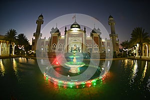 Night scene of Central Mosque of Pattani with reflection at Southern Thailand.