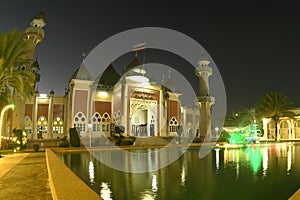 Night scene of Central Mosque of Pattani with reflection at Southern Thailand.