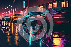 Night scene of city street with cars and colorful lights depicted in digital art. illustration painting