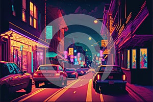 Night scene of city street with cars and colorful lights depicted in digital art. illustration painting