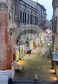 Night scene of the city of Vicenza with Christmas lights