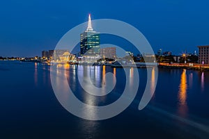 Night scene of The Civic Center and civic center Towers along five cowries creek Victoria Island, Lagos Nigeria