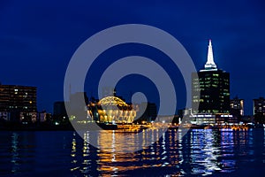 Night scene, deep blue hour, Civic Center and towers Victoria island