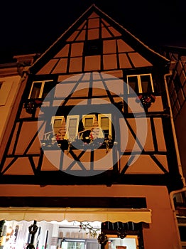 Night scene in Eguisheim, a traditional village in the Alsace wine region of France