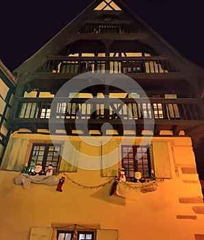 Night scene in Eguisheim, a traditional village in the Alsace wine region of France