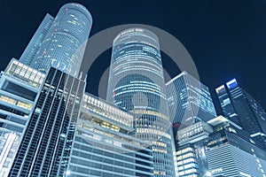 Night scene of exterior of high rise office building in Nagoya city, Japan