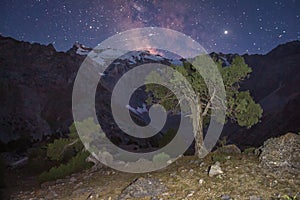 Night scene in Fann mountains, Pamir, Alay, Tajikistan. Night mountain landscape with starry sky and Milky Way