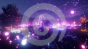 A night scene featuring a large ferris wheel in the background, illuminated against the dark sky