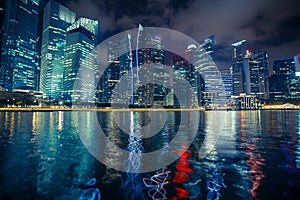 Night scene of financial district Marina Bay in Singapore. Architecture.