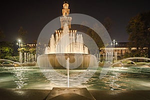 Night scene of the fountain of Castello Sforzesco