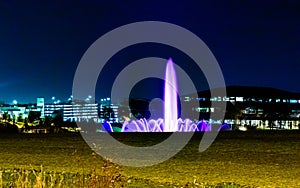 Night scene the fountain at the Heartland of America Park and the Harrah, Casino in Council Bluffs Iowa