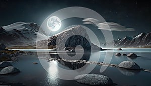 a night scene with a full moon over a mountain lake. generative ai