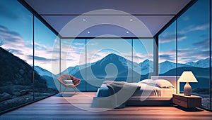night scene glass house bedroom with a mountain view. White wall, armchair, lamps, large bed. Generative AI.
