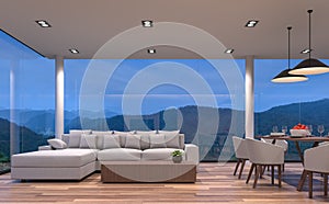 Night scene glass house living and dining room with mountain view 3d rendering image