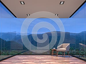 Night scene glass house living room with mountain view 3d rendering image photo