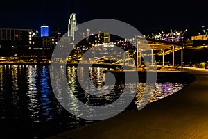 Night scene Heartland of America Lake in downtown Omaha Nebraska.