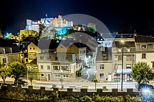 Night scene historic Belgian city La Roche en Ardenne photo