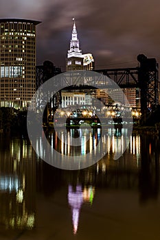 Terminal Tower - Bridges along Cuyahoga River - Night Scene of Cleveland, Ohio