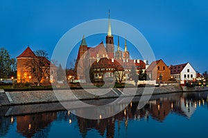 Night scene of historic Wroclaw downtown at the Odra riverside on Tumski island (ostrow), Poland