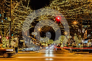 Night scene of holiday decoration along Old Market  at 10th street Omaha downtown intersection.