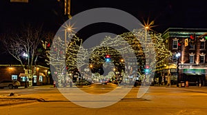 Night scene of holiday decoration along Old Market  at 10th street Omaha downtown intersection.