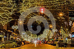 Night scene of holiday decoration along Old Market  at 10th street Omaha downtown intersection.