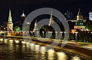 Night scene with Kremlin and Skyscrapers in Moscow