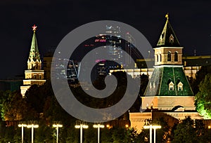 Night scene with Kremlin and Skyscrapers in Moscow