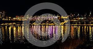 Night scene, lake light reflections at the Heartland of America Park at the Riverfront Omaha Nebraska USA.