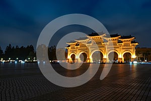 Night scene of Liberty Square main gate in Taipei, Taiwan.