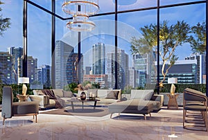 Night scene modern living room with metropolis view background 3d render