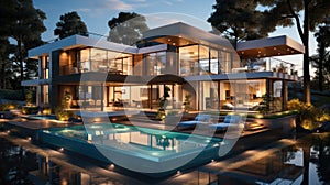 Night scene of modern Luxurious house with swimming pool