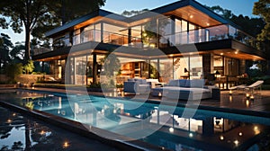 Night scene of modern Luxurious house with swimming pool