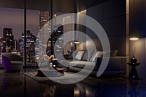 Night scene, Modern style luxury black living room with city view 3d render