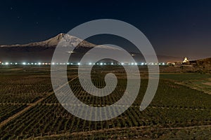 Night scene of Monastery Khor Virap, Armenia and Mt. Ararat