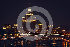 Night scene. The Moscow river embankment. The bridge over the river