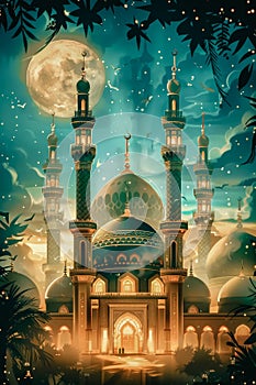 Night scene with mosque and crescent. Eid al Fitr concept