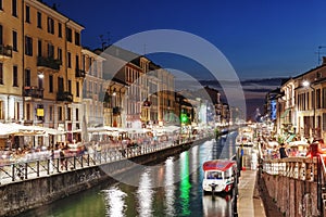 Night scene of the Naviglio Grande in Milan, Italy.