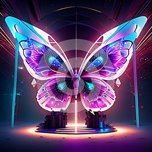 Night scene with neon lights and a butterfly, 3d render illustration Generative AI