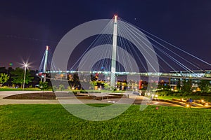 Night scene of Omaha Nebraska Bob Kerrey suspension bridge