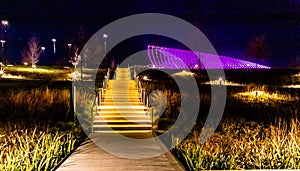 Night scene of one of the many steps and stairs at the Heartland of America Park Omaha Nebraska USA